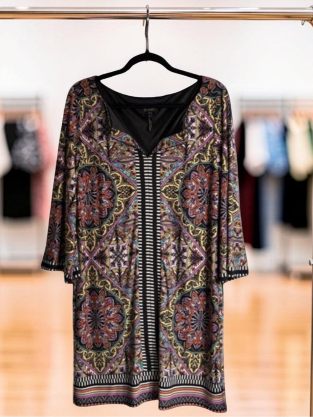 Laundry By Shelli Segal Multicolor Boho Mini Dress - Black Trim - 70’s Vibe